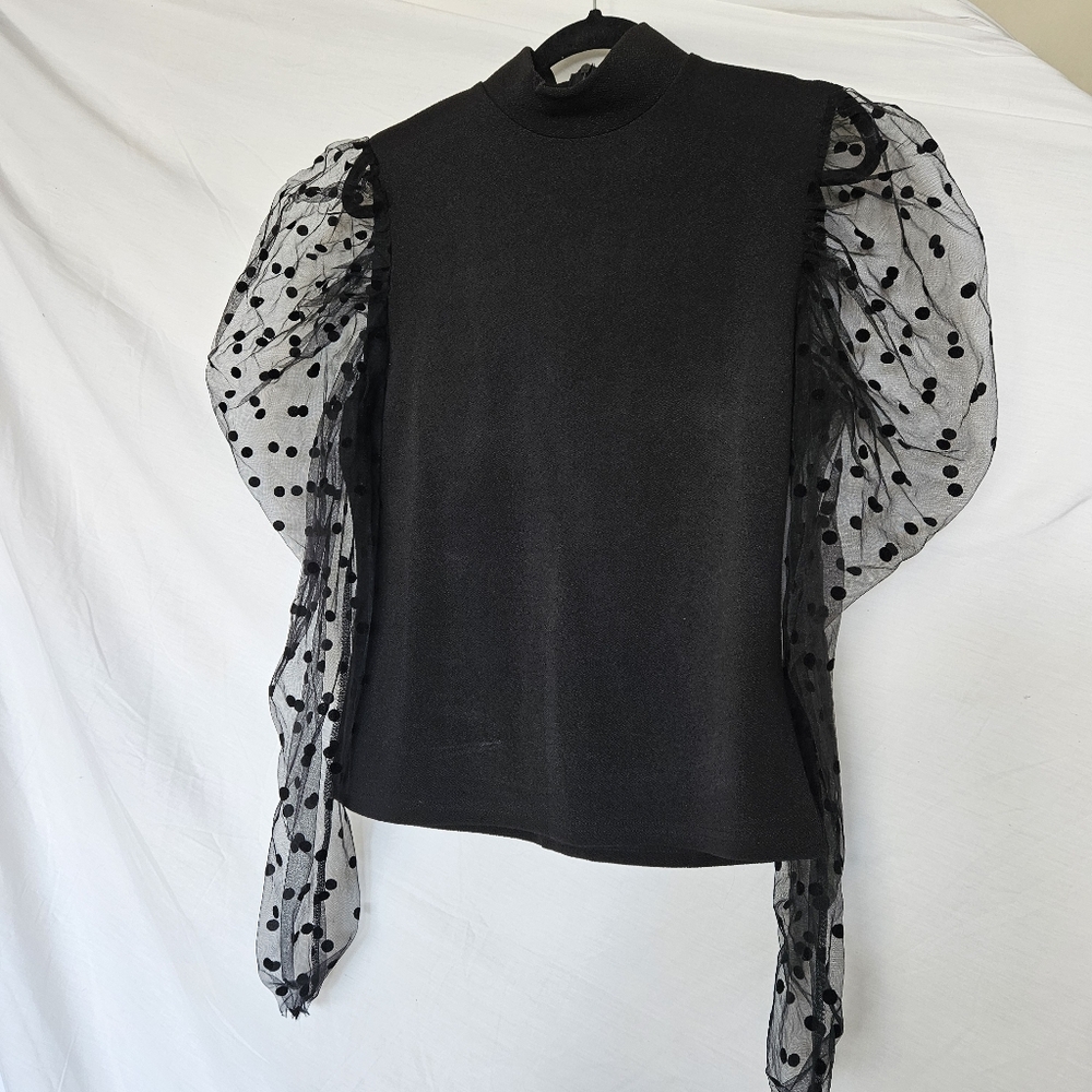 XL Women's Elegant Black Top with Sheer Polka Dot Sleeves